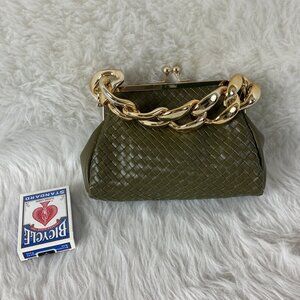 Valentina Fiore Green Woven Leather Chunky Gold Tone Chain Strap Handbag